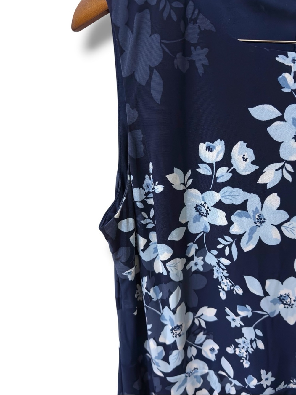 Chaps | NWOT Navy Floral Ruched Ruffle Sleeveless Twist-Detail Sheath Dress (XL) - Picture 5 of 14